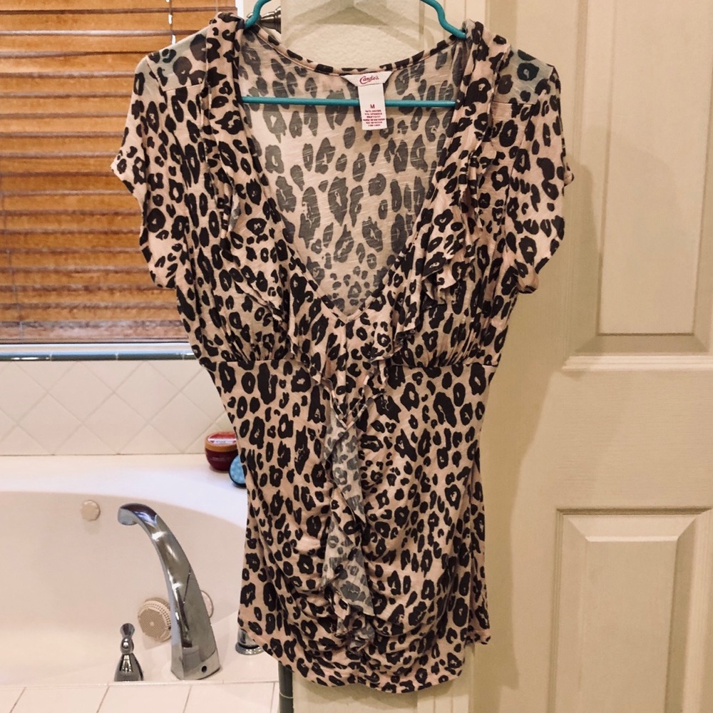 Candies Pink Leopard Print V Neck Top With Ruffle Detail Size M EUC